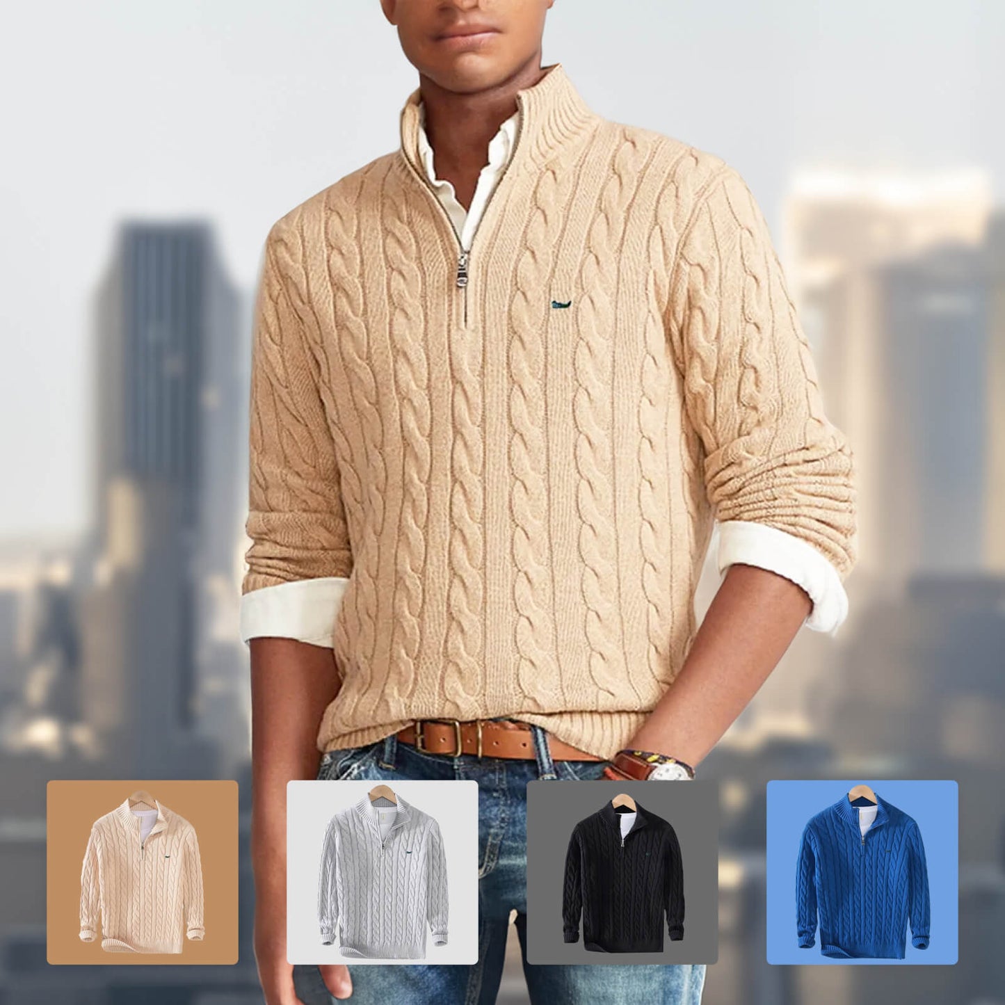 Hoher Kragen Halb-Reißverschluss Pullover für Herren
