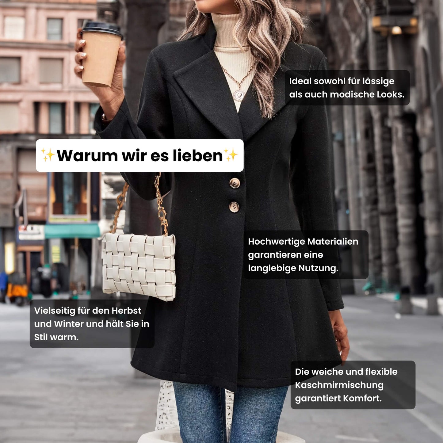 Eleganter Wollmantel mit langen Ärmeln für Damen