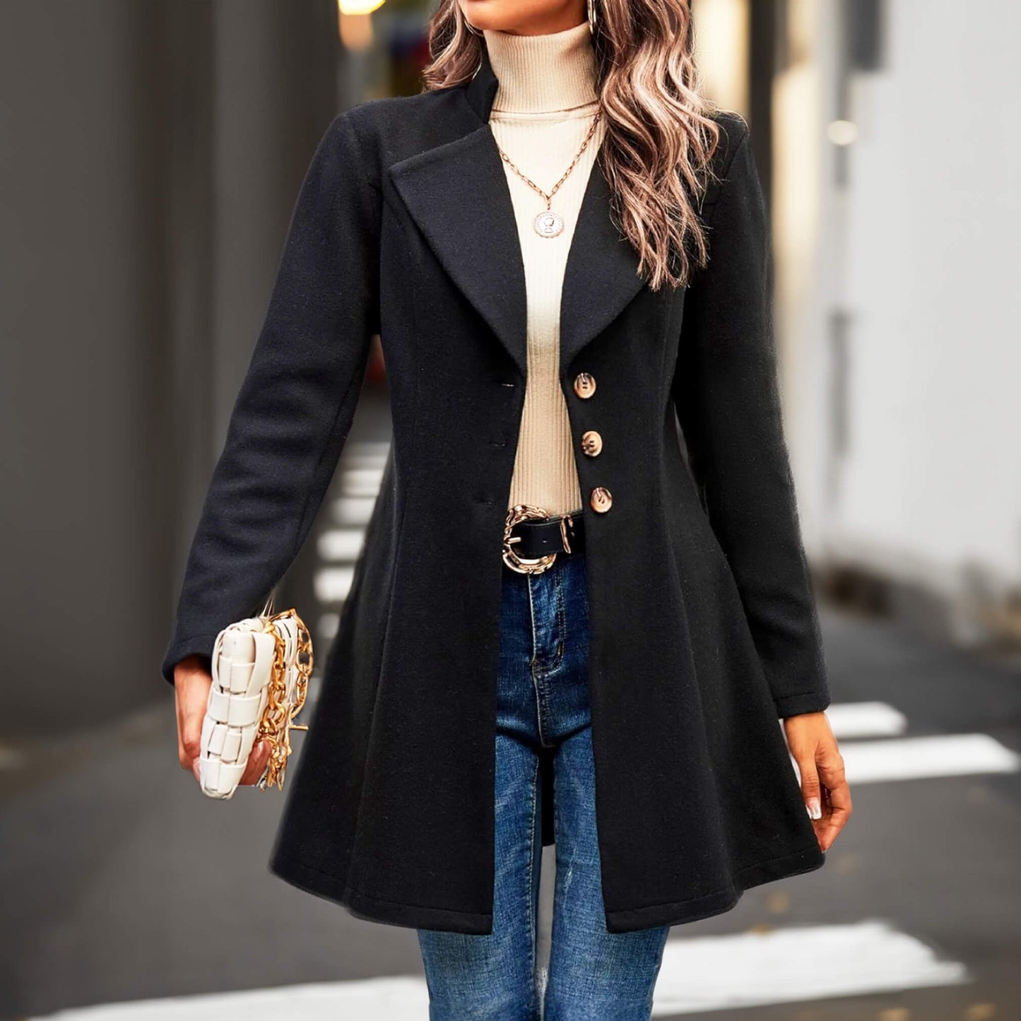Eleganter Wollmantel mit langen Ärmeln für Damen